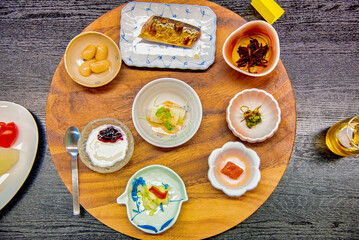 Japanese healthy meal set on a wooden table