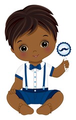 Cute African American Little Man Holding Rattle. Vector Baby Boy with Rattle