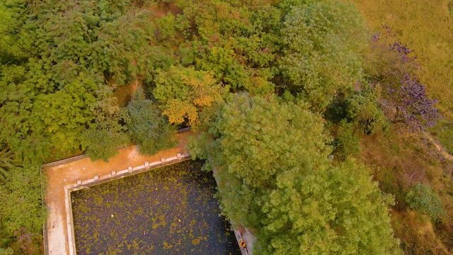 Amazing overhead view of an ancient temple pool.