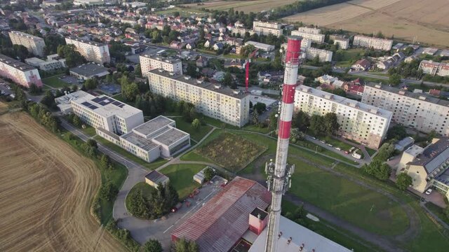 Elevated view of exhaust tower and Felberova Elementary school in the background, in the international town of Svitavy, Czech Republic