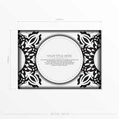 Luxurious white rectangular postcard template with vintage indian mandala ornament. Elegant and classic vector elements ready for print and typography.