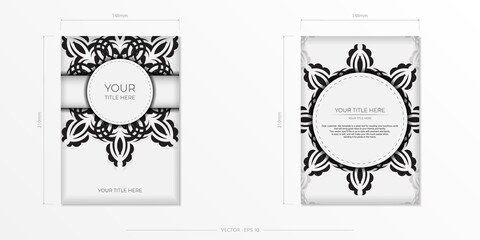 Luxurious white rectangular invitation card template with vintage indian ornaments. Elegant and classic elements ready for print and typography. Vector illustration.