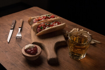 wooden table served with hot dogs, beer, chips and silverware