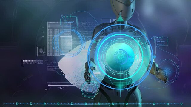 An alien robot is working with data in the orbit of the moon, 3D render.