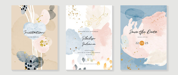 Abstract art background vector. Luxury invitation card background with golden line art and Watercolor brush texture. Vector invite design for wedding and vip cover template.