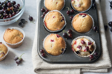 Fresh baked muffins with berries in a muffin tin with one cup of berries in background, selective focus.