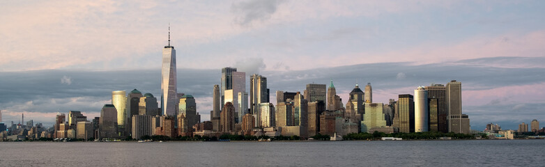 Panorama view of New York city lower Manhattan downtown skyline at twilight