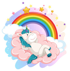 Cute unicorn in the pastel sky with rainbow