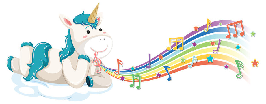 Cute unicorn laying on the cloud with melody symbols on rainbow