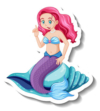 A sticker template with beautiful mermaid cartoon character