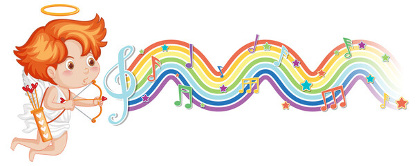 Obraz na płótnie Canvas Cupid boy laying on the cloud with melody symbols on rainbow wave