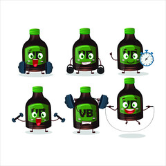 A healthy new beer bottle cartoon style trying some tools on Fitness center. Vector illustration