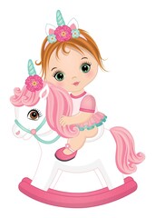 Cute Little Baby Girl Riding Unicorn. Vector Unicorn Baby Girl