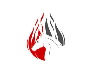 Horse head silhouette in the fire flame logo