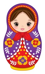 Cute Russian Matryoshka in Red and Green Colours. Vector Nesting Doll
