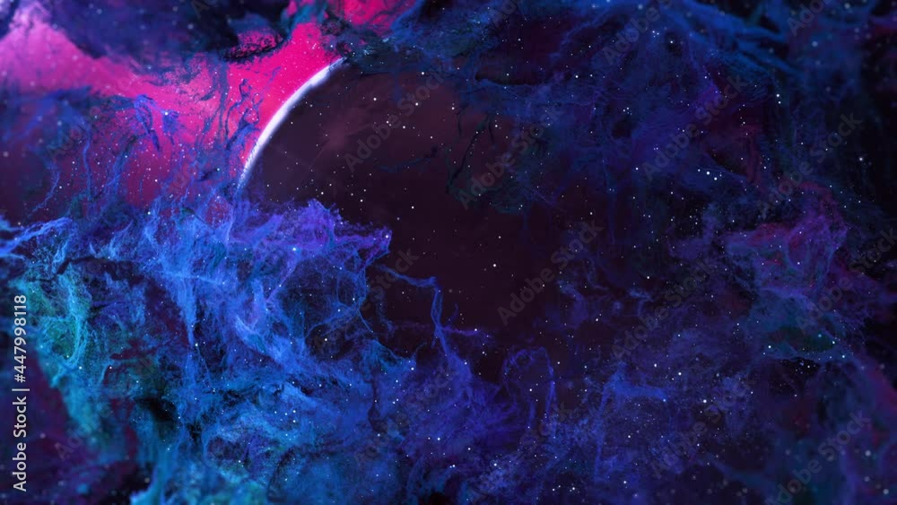 Sticker nebula clouds travel to planet. passing nebula clouds with star glow and shine light to planet.