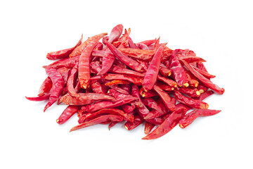 Dried pepper chillies on white background.