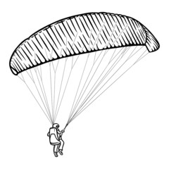 Paragliding man sketch. Paraglide wing and harness for sky flights. Monochrome hand drawn vector illustration isolated in white background