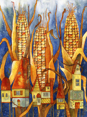 Field of corn with bright cute houses. Hand drawn watercolor illustration.