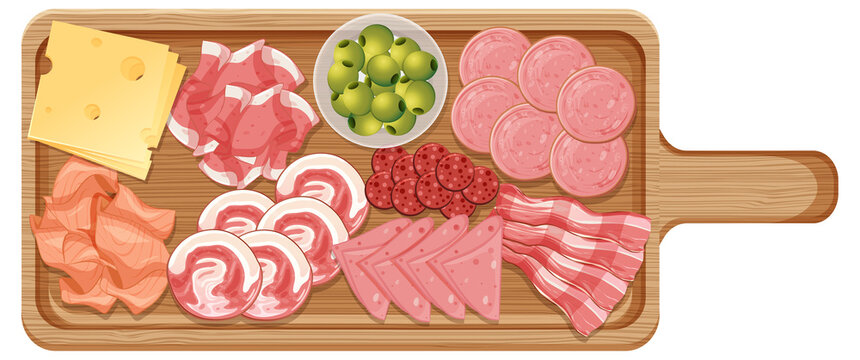 Platter of various cold meats and cheese isolated on white background