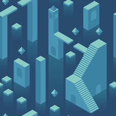 Blue minimal Abstract underwater city seamless pattern. Atlantis fantasy landscape. Psychology, deep of subconscious concept. Stock vector illustration in flat isometric style.