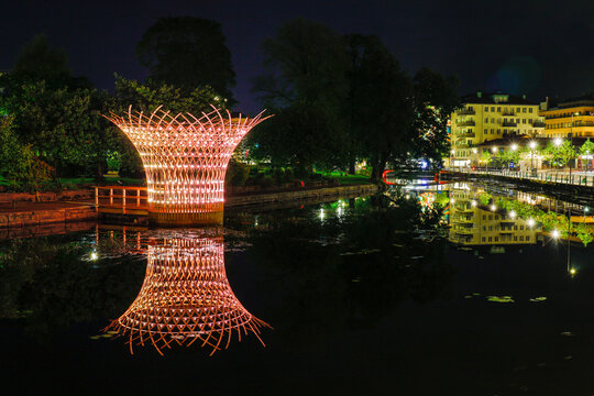 Boras, Sweden July 28, 2021 A night view of the Viskan river and esplanade.