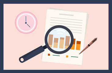 Stable schedule, graph, paper document, page. Graph, diagram of efficiency. Statistics, analysis or audit of changes in key business indicators. Development control concept, stable trend. Vector