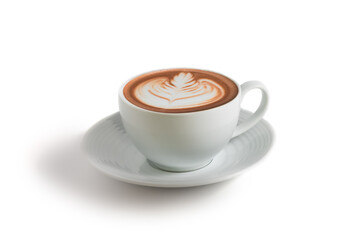 Front view of hot cafe Latte coffee with rosetta latte art in white ceramic cup isolated in white...