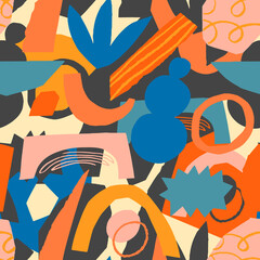 Funky geometric shapes cut out collage seamless pattern in vector. Abstract floral tropical and geometry. Vector illustration