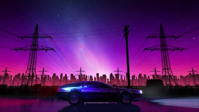 80s retro country drive seamless loop with vintage car. Stylized rural landscape in outrun VJ style, night sky and a city. 60 fps Vaporwave 3D animation background for music video, DJ clubs, EDM music