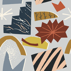 Funky geometric shapes cut out collage seamless pattern in vector. Abstract floral tropical and geometry. Vector illustration