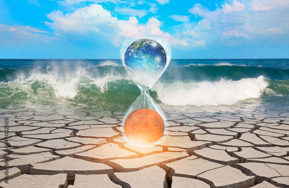 Aufkleber global warming concept-planet earth is becoming a dead planet like mars - hourglass inside planet ea