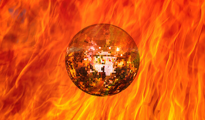 Party disco mirror ball reflecting colorful fire or flame