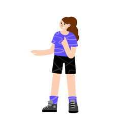 Young woman gestures. Girl is standing. Summer casual clothing. Trendy flat cartoon illustration. Female character points her finger herself