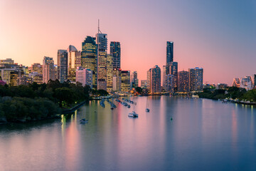 Brisbane city buildings and river seen at sunset from Kangaroo Point. Brisbane is the state capital...
