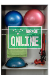workout sign online, due to the closure of the hall during a pandemic. Closeup of shelf with sport inventory in modern fitness center