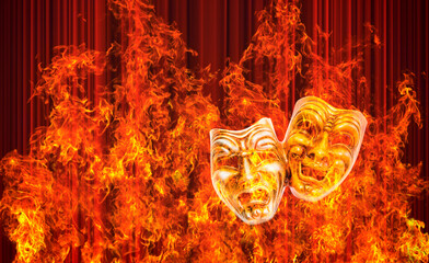 Burning comedy and tragedy theatrical venetian mask with red theater curtain - obrazy, fototapety, plakaty