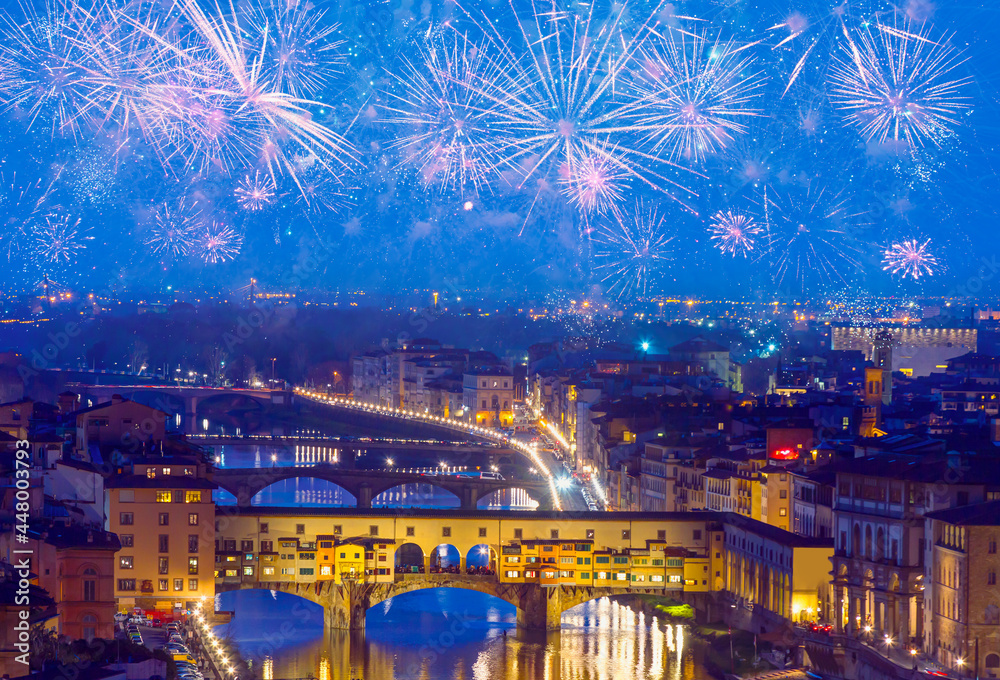 Wall mural ponte vecchio over arno river with fireworks at twilight blue hour - florence, italy