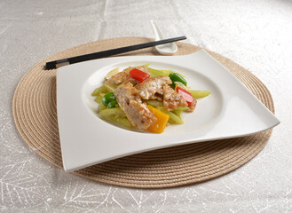 stir fried celery vegetable with fish meat paste in chef special sauce in white background asian halal vegan menu