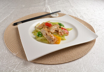 stir fried celery vegetable with fish meat paste in chef special sauce in white background asian halal vegan menu