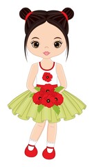 Beautiful Young Girl Holding Bouquet of Poppies. Vector Girl with Poppies