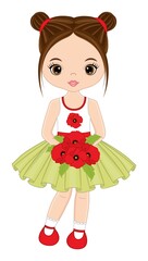 Beautiful Young Girl Holding Bouquet of Poppies. Vector Girl with Poppies