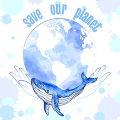 Conceptual vector illustration of saving the planet Earth, made watercolor on an abstract background.