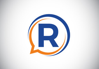 Initial R monogram letter alphabet with a bubble chat icon. Talking, chatting logo concept. Modern logo design for a consultancy business, and company identity.