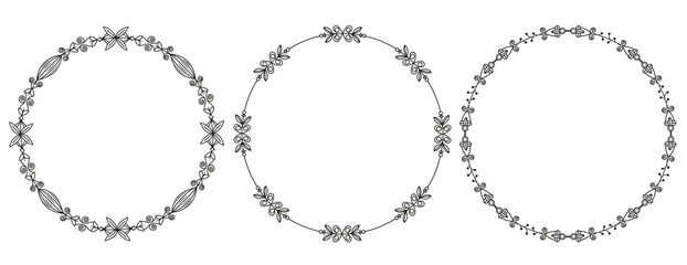 Line frames. Flower frame. Simple frame with leaves.Design elements for invitations.Circle border vector ornaments.