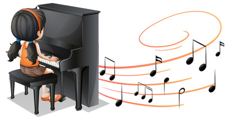 Musical melody symbols with a girl playing piano isolated