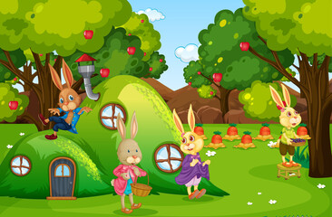 Outdoor scene with happy rabbit family in the garden