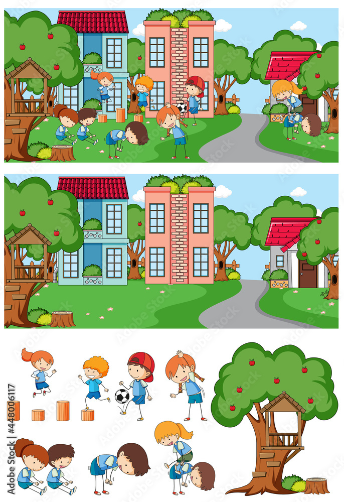 Wall mural Park scene set with many kids doodle cartoon character isolated