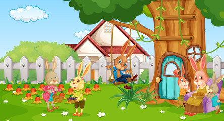 Garden scene with rabbit family cartoon character