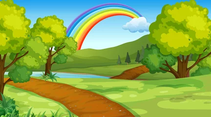 Fotobehang Regenboog Nature park scene background with rainbow in the sky  © GraphicsRF